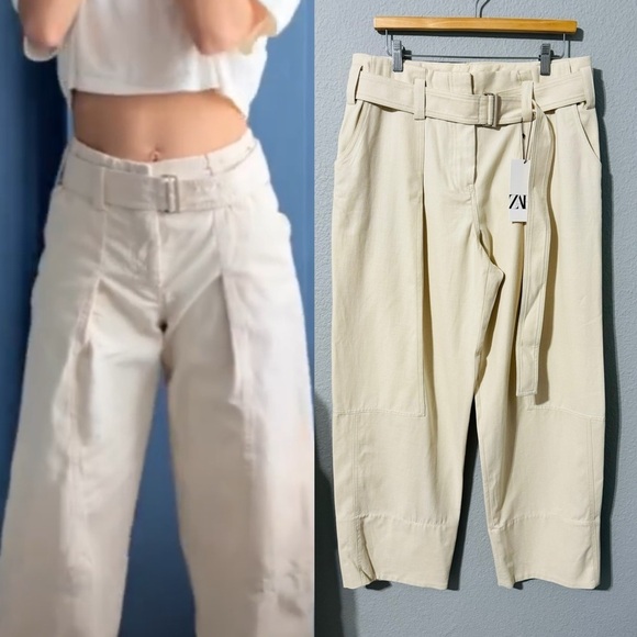 Zara Women Oyster White Bloggers Fav High-Rise Belted Cotton Loose Pants Sz L - Picture 3 of 15